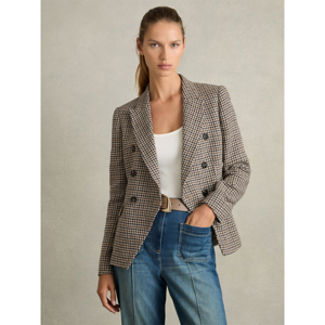 REISS EVIE Cotton Linen Double Breasted Houndstooth Check Blazer